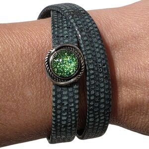 Brighton Christo Cuff Bracelet Women OS Green Leather Snakeskin Wrap Silver Tone